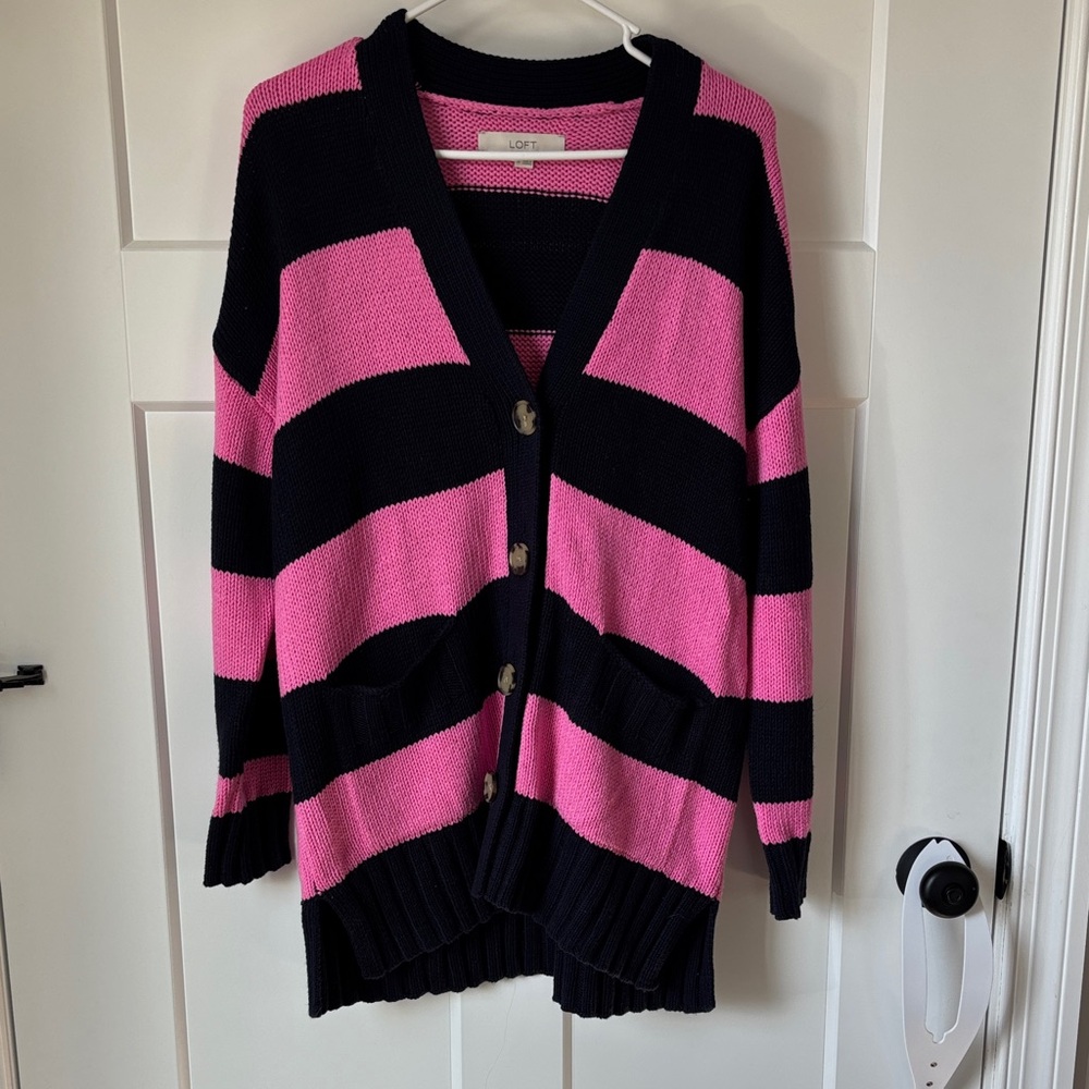 LOFT Bold Pink and Navy Striped Cardigan